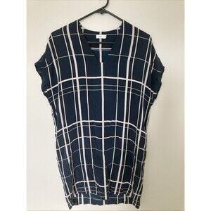 Vince Dress Women XS Blue Lattice Windowpane Silk Shift Dress Dolman Pockets
